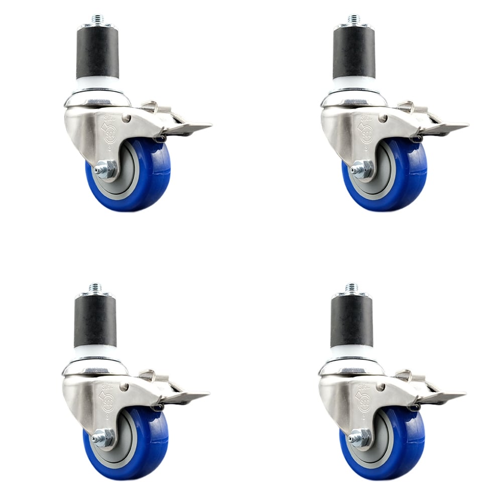 Polyurethane Swivel Stem Caster with 3.5 in. Blue Caster Wheels, 1.75 in. Expanding Stems - 316 Stainless Steel Casters - Set of 4