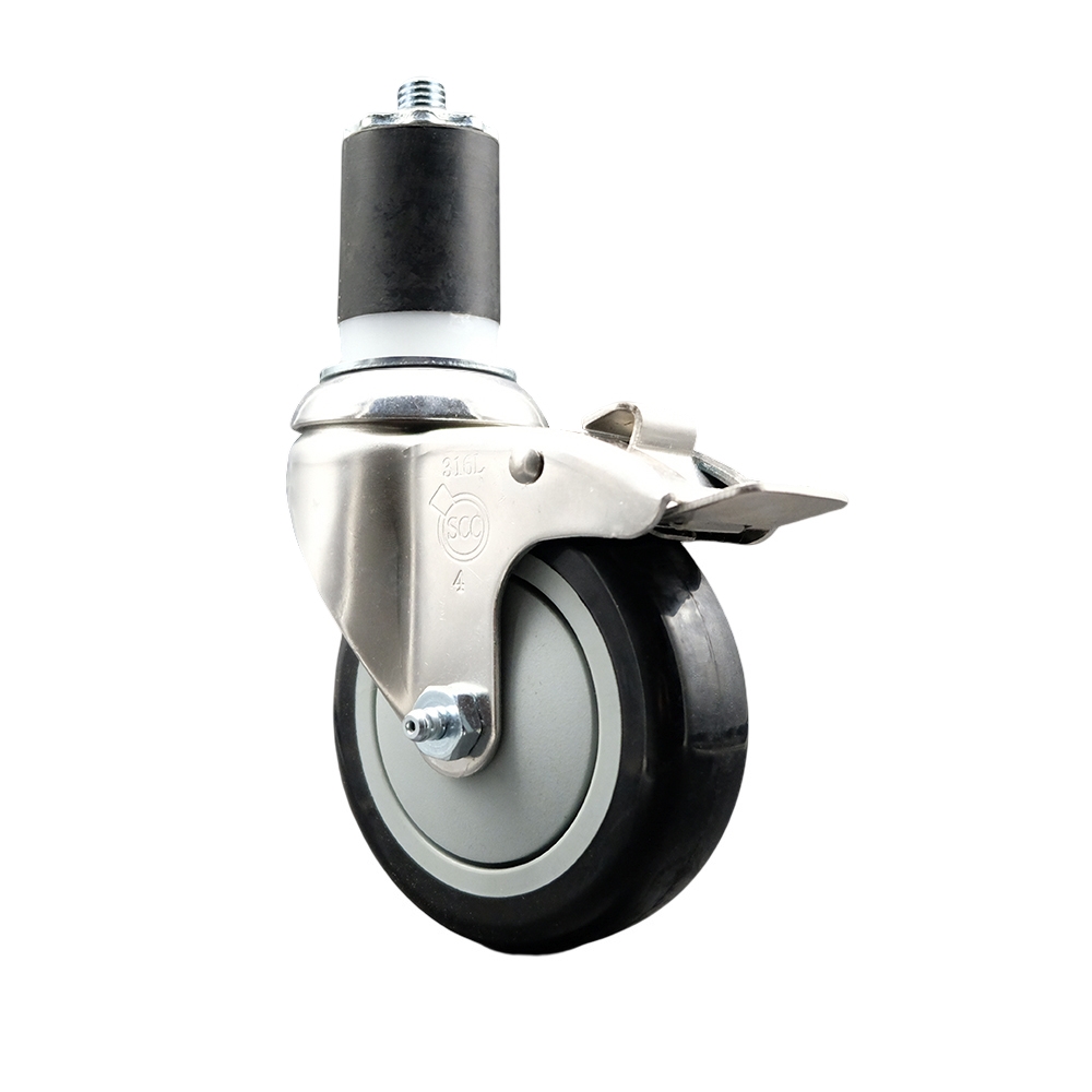 Polyurethane Swivel Stem Caster with 4 in. Black Caster Wheels & Total Lock Brake, 1.87 in. Expanding Stem - 316 Stainless Steel Caster