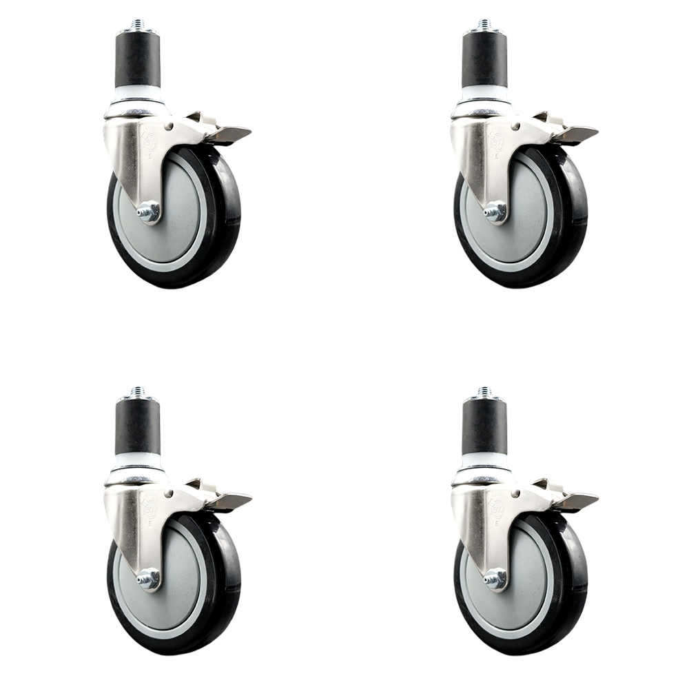 Polyurethane Swivel Stem Caster with 5 in. Black Caster Wheels, 1.87 in. Expanding Stems - 316 Stainless Steel Casters - Set of 4