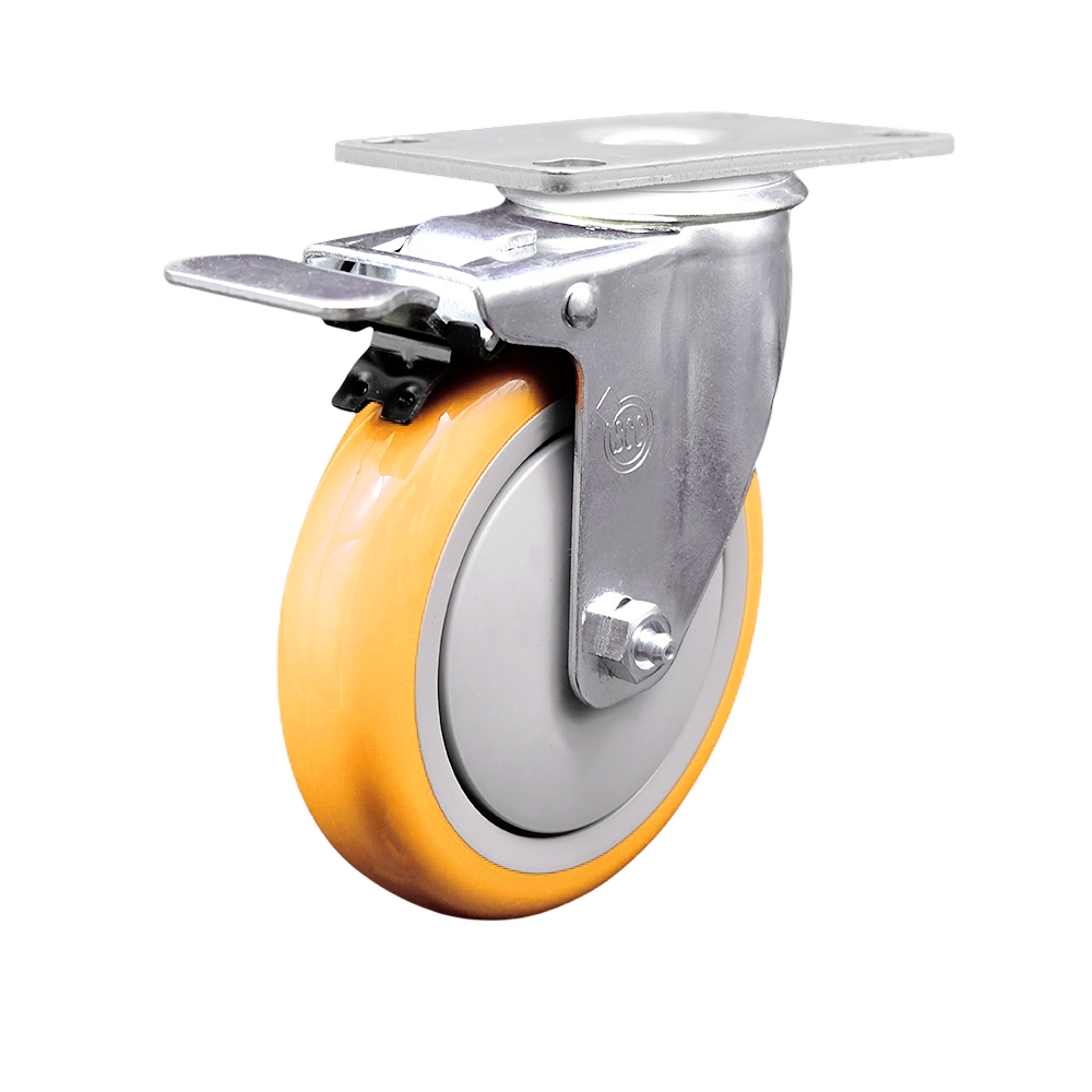 Replacement Caster for Grainger Caster 2G033 - Swivel Top Plate Caster with 5 in. Yellow Polyurethane Wheel & Total Locking Brake