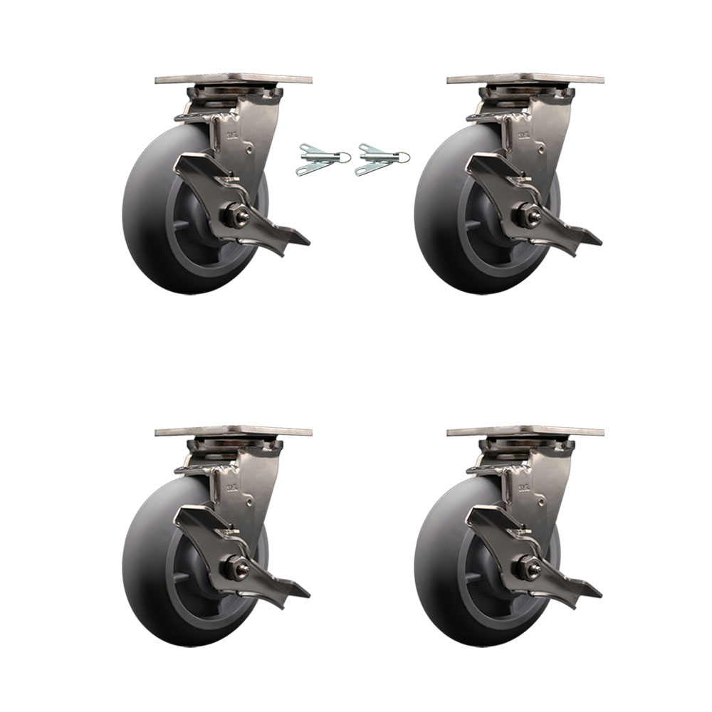 316 Stainless Steel Heavy Duty Swivel Caster Set with 6 in. Thermoplastic Rubber Donut Tread Wheels & Ball Bearing