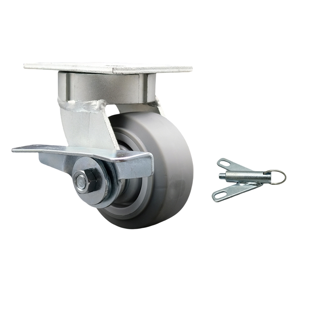 Heavy Duty Kingpinless Swivel Top Plate Caster with Side Lock Brake & Swivel Lock & 4 in. Thermoplastic Rubber Flat Tread Wheel with Ball Bearings