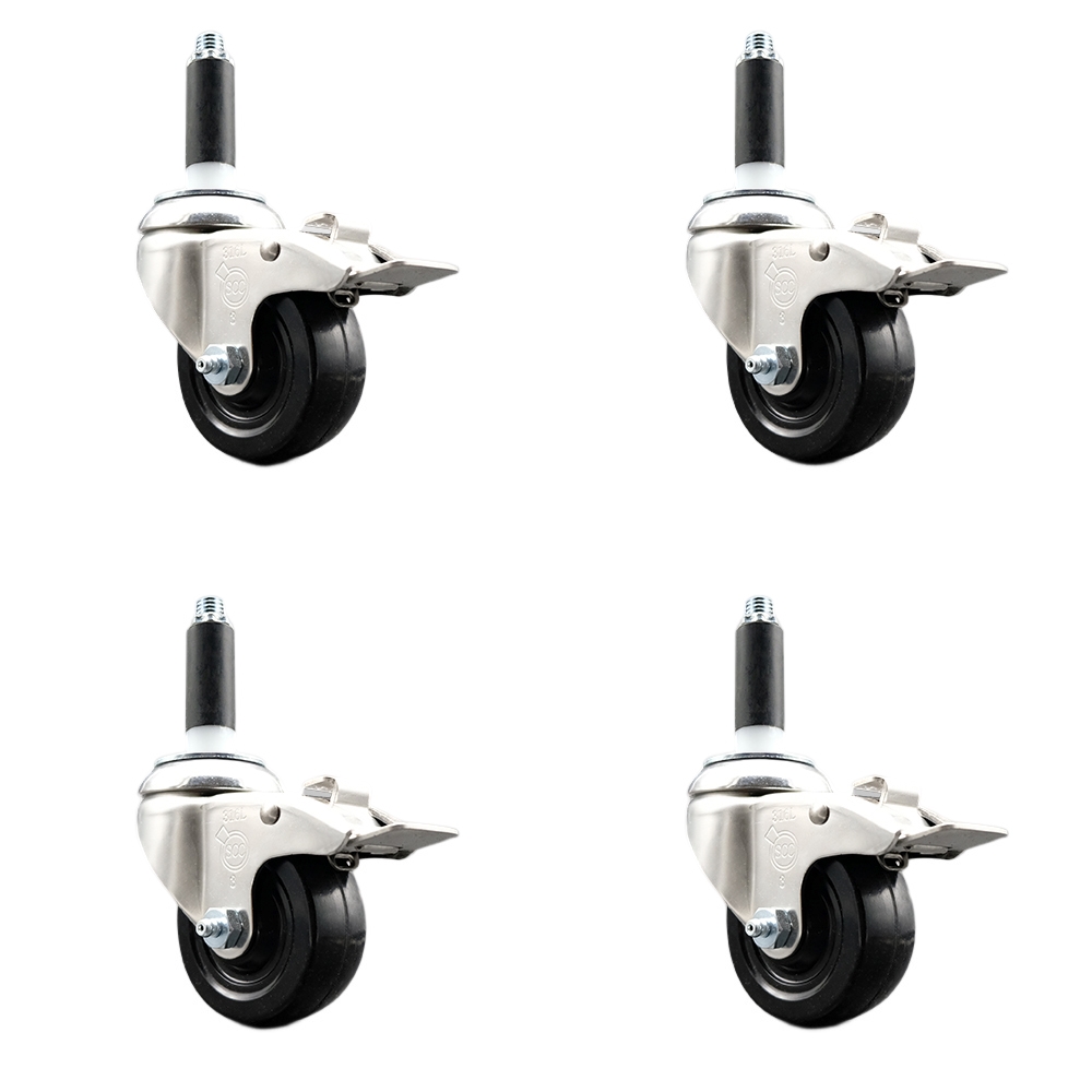 Hard Rubber Swivel Stem Caster with 3 in. Caster Wheels, 0.87 in. Expanding Stems - 316 Stainless Steel Casters - Set of 4