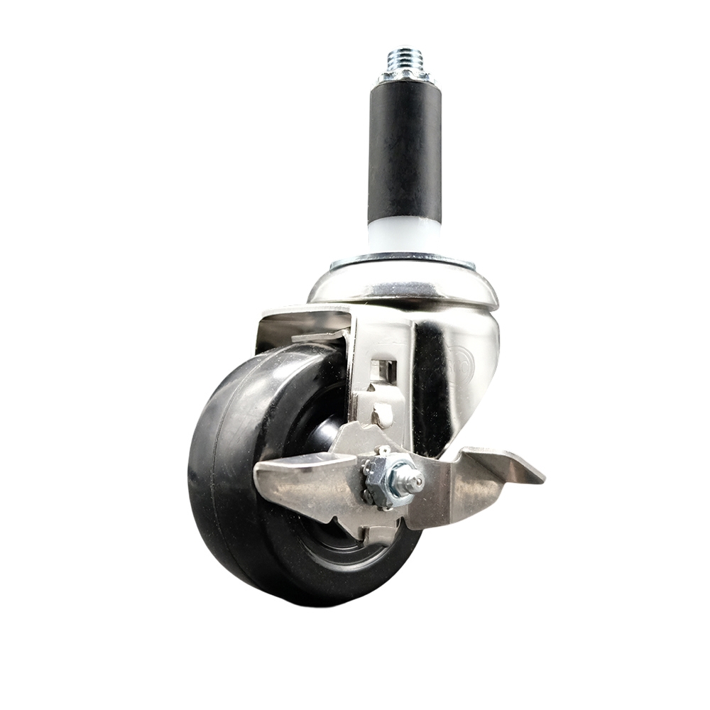 Hard Rubber Swivel Stem Caster with 3 in. Black Caster Wheel & Top Lock Brake, 1 in. Expanding Stem - 316 Stainless Steel Casters