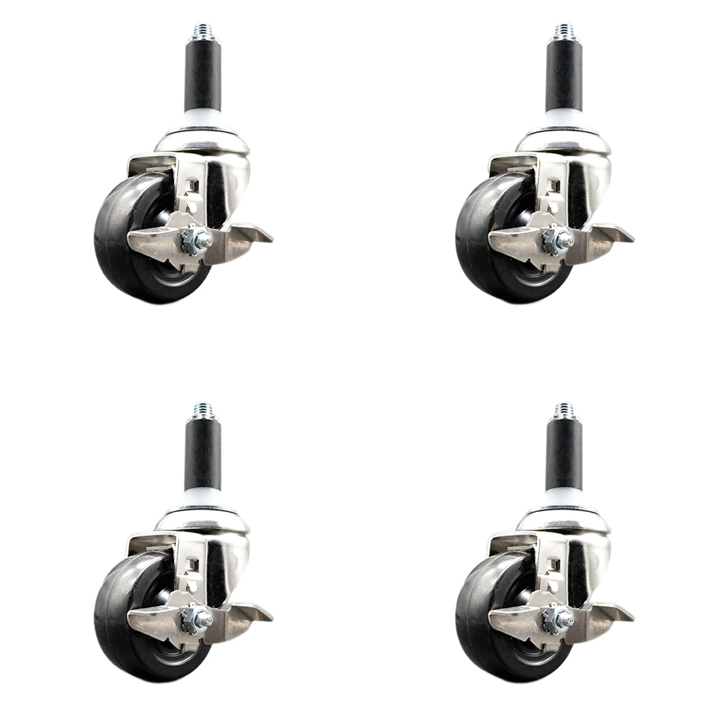 Hard Rubber Swivel Stem Caster with 3 in. Caster Wheels, 1 in. Expanding Stems - 316 Stainless Steel Casters - Set of 4