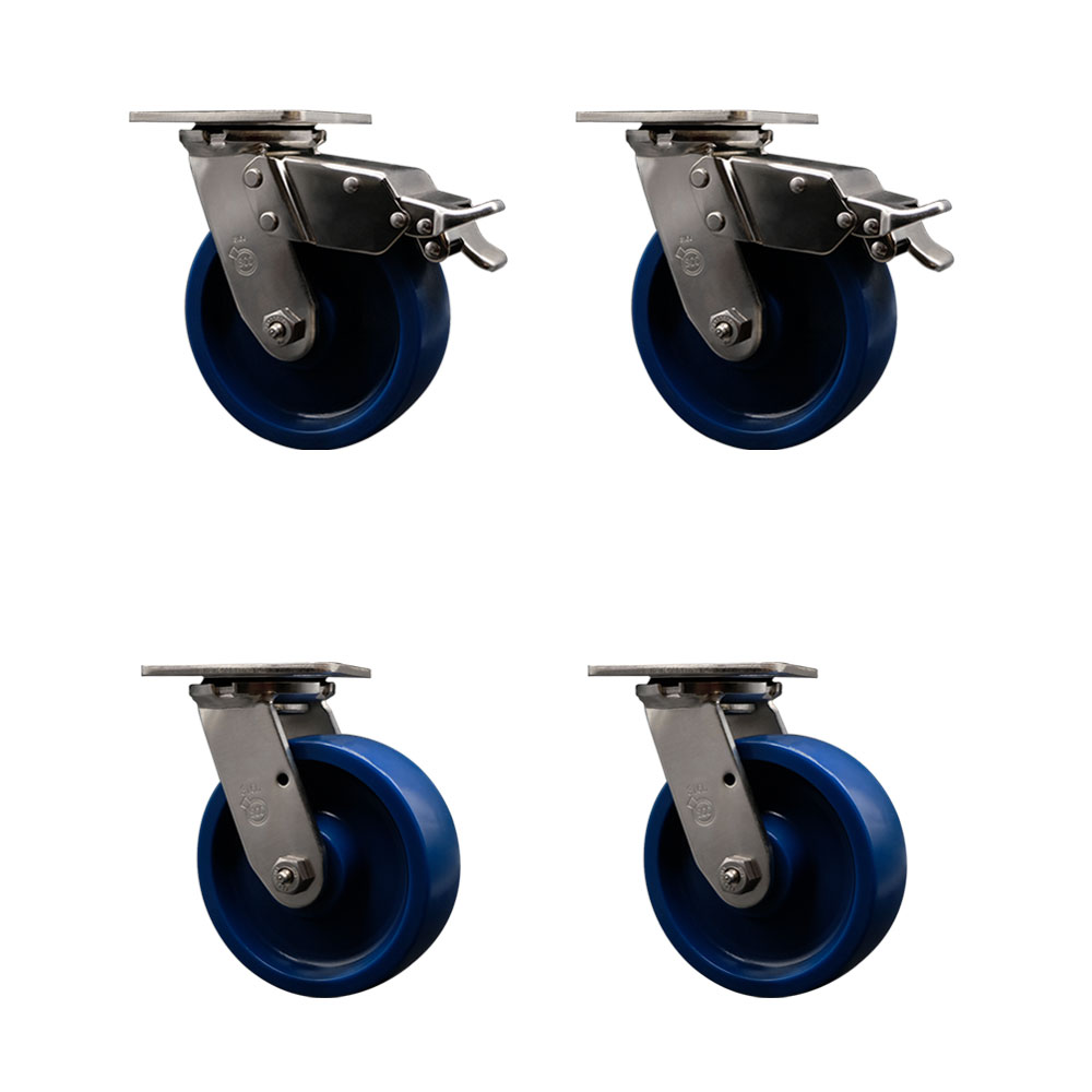 316 Stainless Steel Heavy Duty Swivel Caster with 6 in. Solid Polyurethane Wheels & Ball Bearings - 4800 lbs Total Capacity - Set of 4