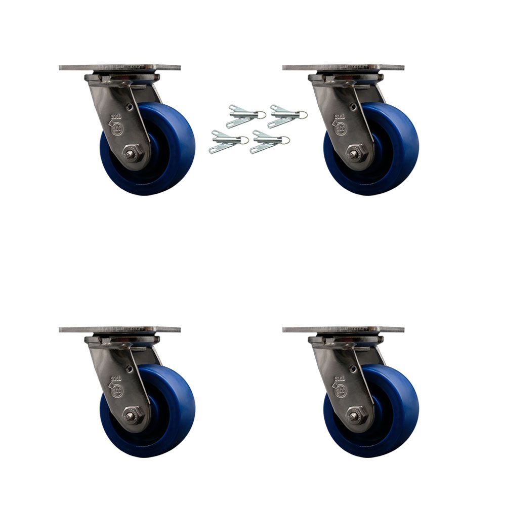 316 Stainless Steel Heavy Duty Swivel Caster with 4 in. Solid Poly Wheels & Delrin Bearings - 2800 lbs Total Capacity - Set of 4