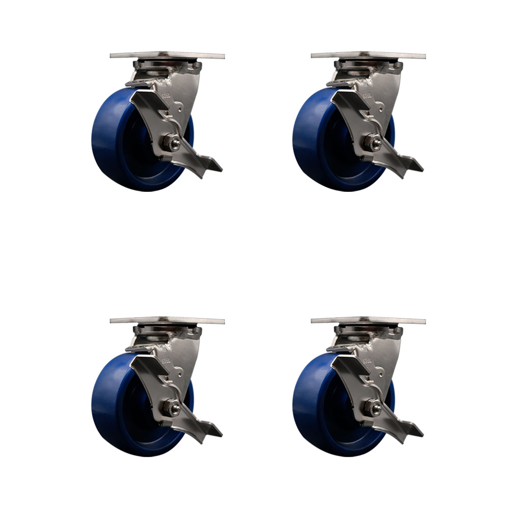 316 Stainless Steel Heavy Duty Swivel Caster with 5 in. Solid Polyurethane Wheels & Delrin Bearings - 4000 lbs Total Capacity - Set of 4