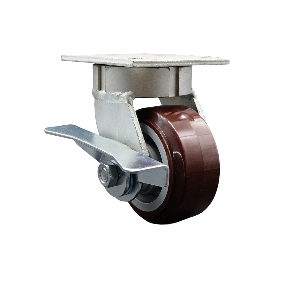 Heavy Duty Kingpinless Swivel Top Plate Caster with Side Lock Brake & 4 in. Polyurethane Wheel with Ball Bearings - 600 lbs Capacity per Caster