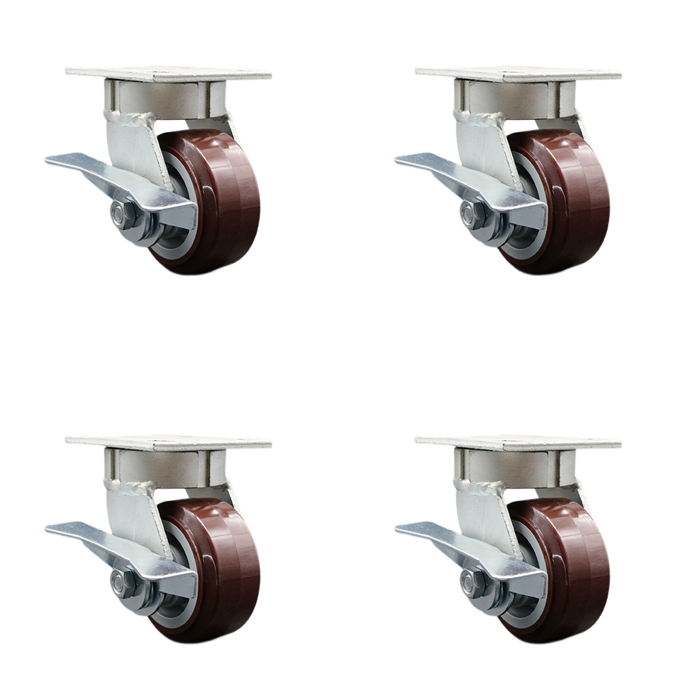 SCC-KP30S420-PPUB-SLB-4 Heavy Duty Kingpinless Swivel Caster with 4 in. Polyurethane Wheels & Ball Bearings - 2400 lbs Total Capacity - Set of 4