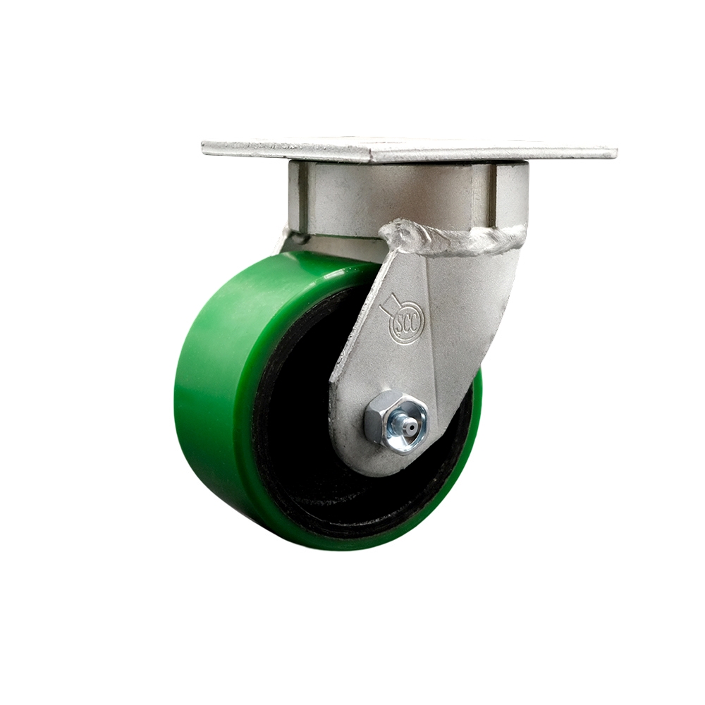 Heavy Duty Kingpinless Swivel Top Plate Caster with 4 in. Green Polyurethane on Cast Iron Wheel & Ball Bearings - 700 lbs Capacity per Caster