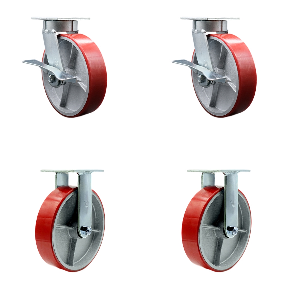 Heavy Duty Kingpinless Swivel Caster with 8 in. Red Poly on Cast Iron Wheels & Ball Bearings - 5000 lbs Total Capacity - Set of 4