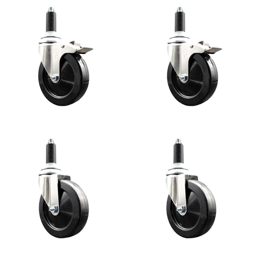 Hard Rubber Swivel Stem Caster with 5 in. Caster Wheels, 1 in. Expanding Stem - 316 Stainless Steel Casters - Set of 4