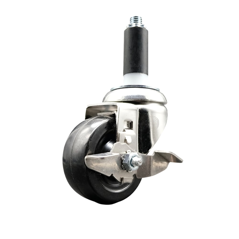 Hard Rubber Swivel Stem Caster with 3 in. Black Caster Wheel & Top Lock Brake, 1.13 in. Expanding Stem - 316 Stainless Steel Casters