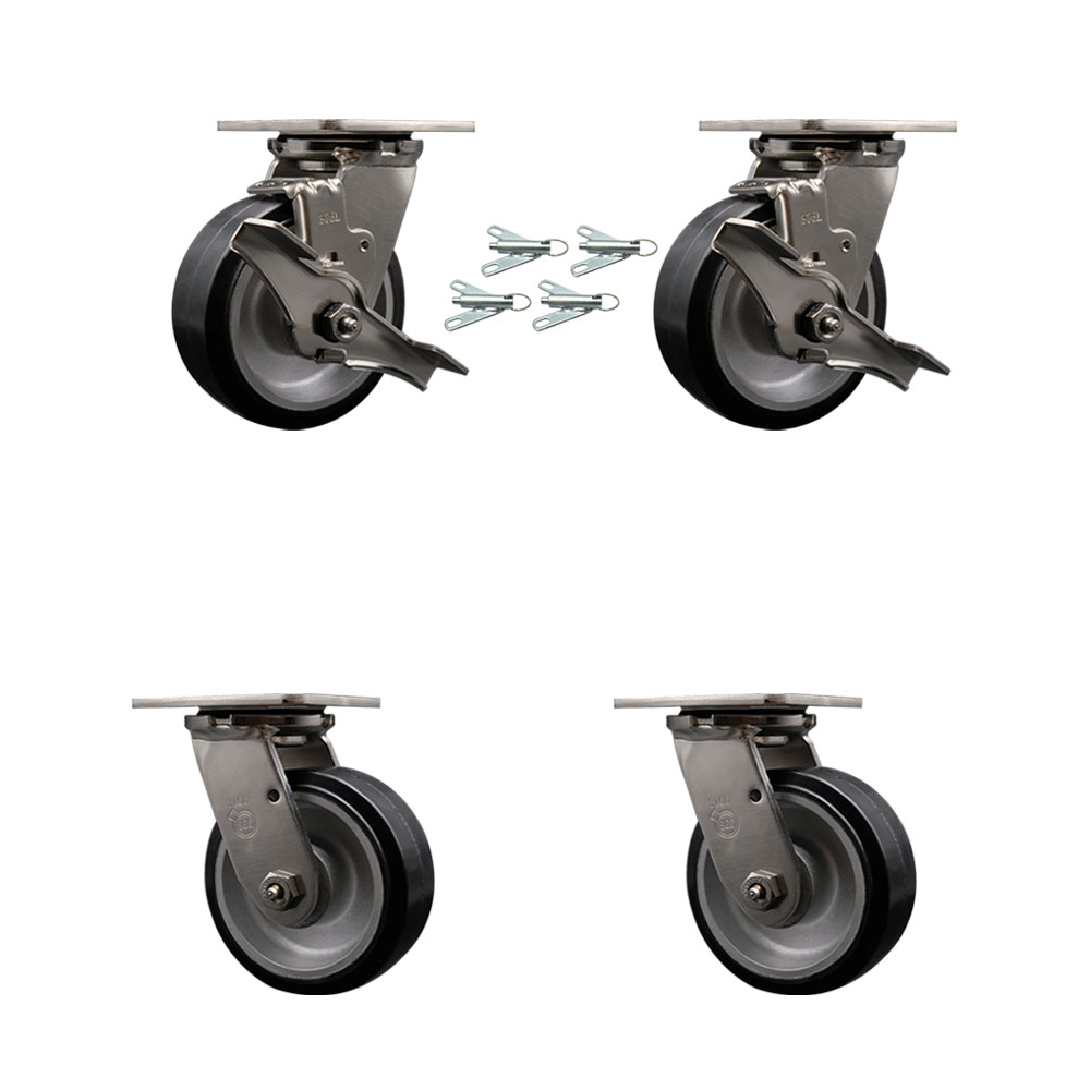 SCC-SS31630S520-RAB-TLB-BSL-2-BSL-2 316 Stainless Steel Heavy Duty Swivel Caster Set with 5 in. Rubber on Aluminum Wheels & Ball Bearing