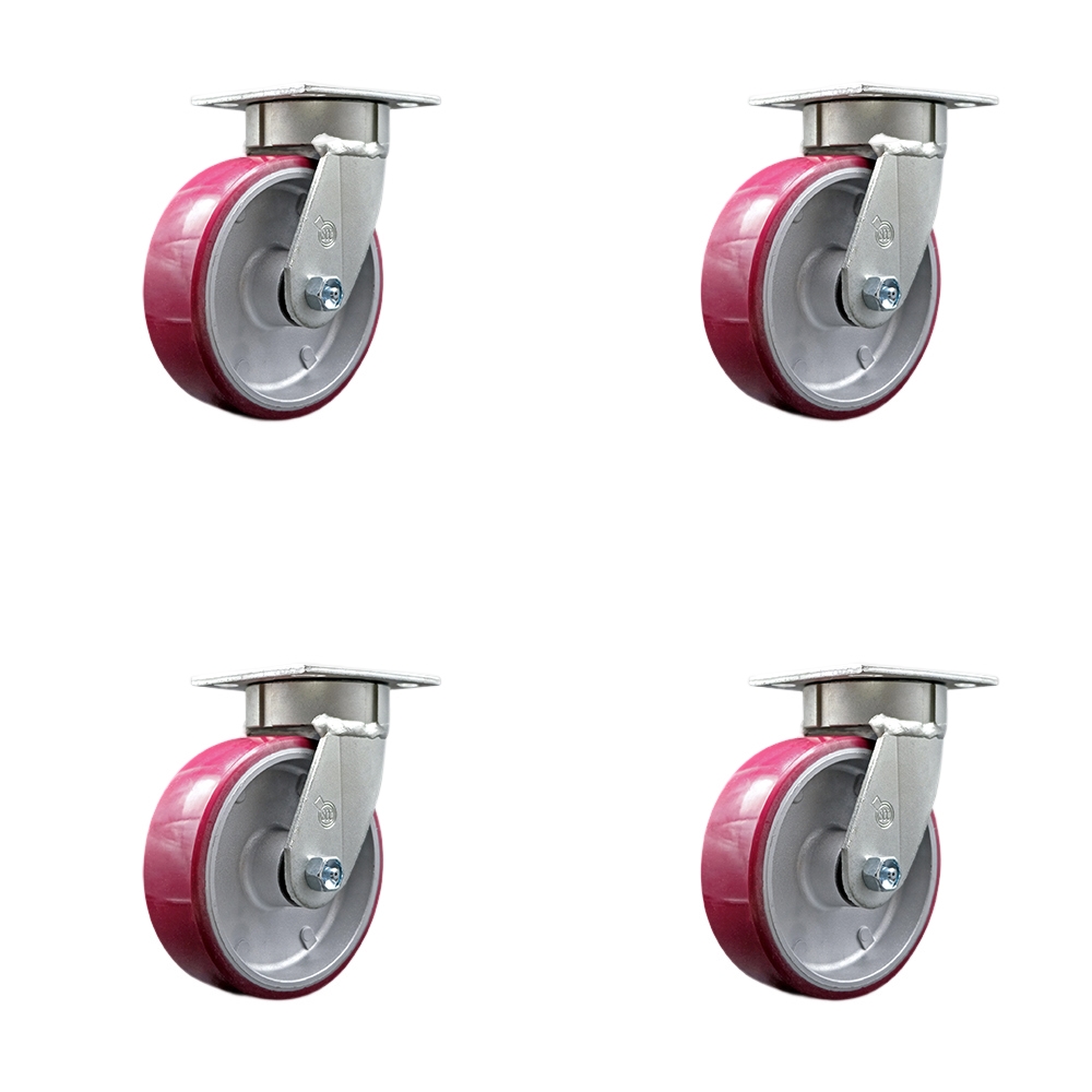 Heavy Duty Kingpinless Swivel Caster with 6 in. Polyurethane on Aluminum Wheels & Ball Bearings - 4800 lbs Total Capacity - Set of 4