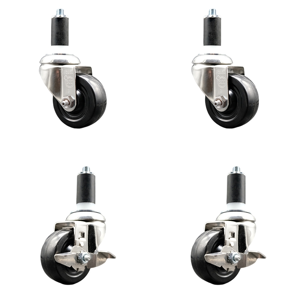 Hard Rubber Swivel Stem Caster with 3.5 in. Caster Wheels, 1.25 in. Expanding Stems - 316 Stainless Steel Casters - Set of 4