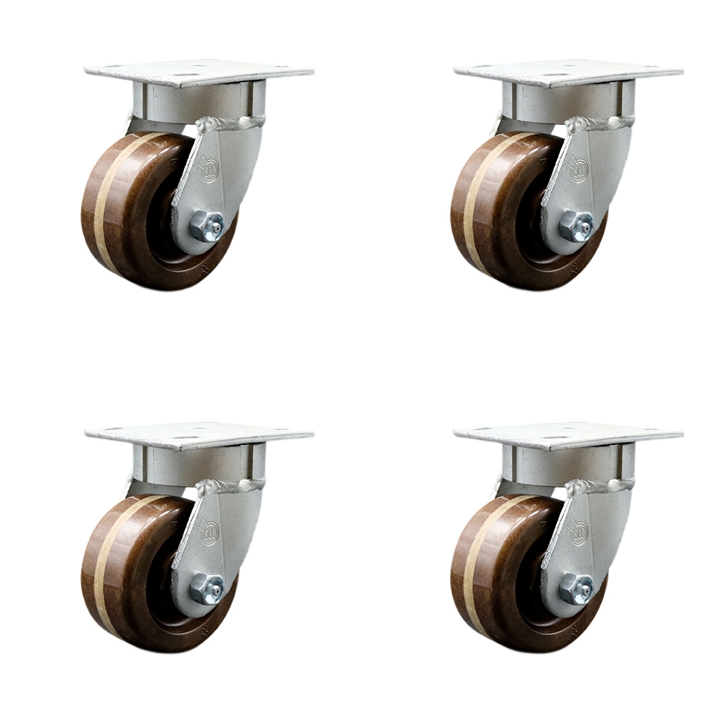 Heavy Duty Kingpinless Swivel Caster with 4 in. High Temperature Phenolic Wheels & Bronze Bearings - 3200 lbs Total Capacity - Set of 4
