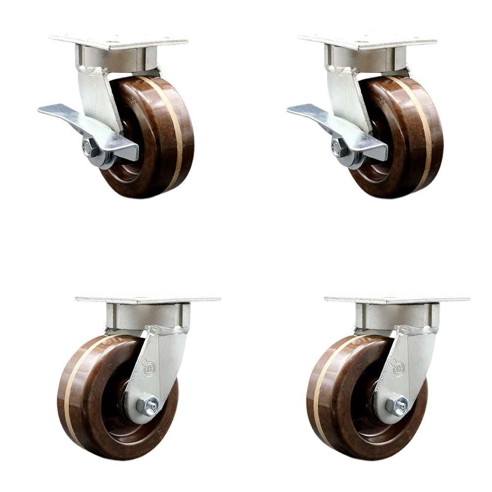 SCC-KP30S520-PHBZHT-SLB-BSL-2-BSL-2 Heavy Duty Kingpinless Swivel Caster Set with 5 in. High Temperature Phenolic Wheels & Bronze Bearing