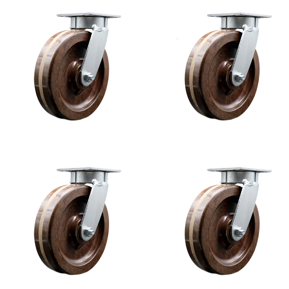 Heavy Duty Kingpinless Swivel Caster with 8 in. High Temperature Phenolic Wheels & Bronze Bearings - 5000 lbs Total Capacity - Set of 4
