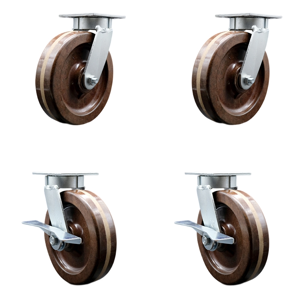 Heavy Duty Kingpinless Swivel Caster with 8 in. High Temperature Phenolic Wheels & Bronze Bearing - 5000 lbs Total Capacity - Set of 4