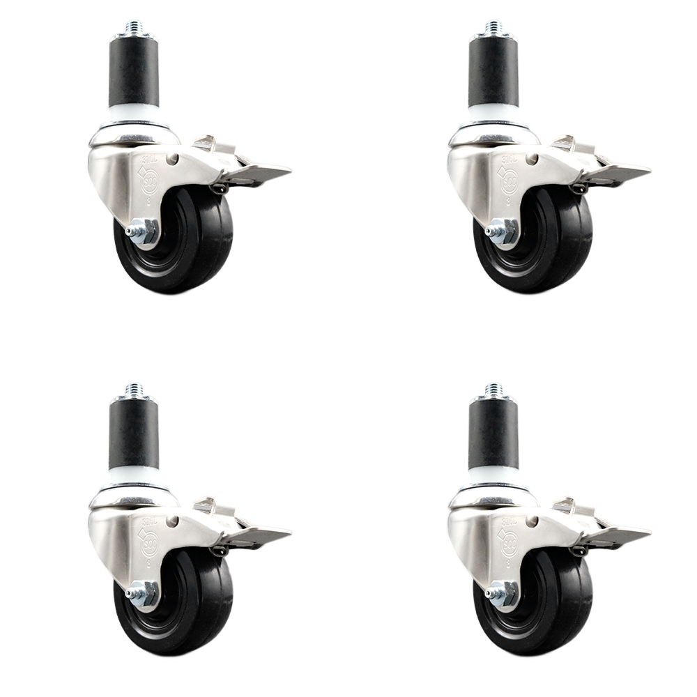 Hard Rubber Swivel Stem Caster with 3.5 in. Caster Wheels, 1.5 in. Expanding Stems - 316 Stainless Steel Casters - Set of 4