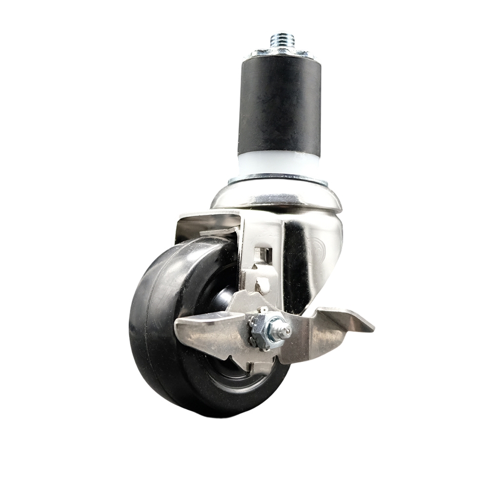 Hard Rubber Swivel Stem Caster with 3 in. Black Caster Wheel & Top Lock Brake, 1.75 in. Expanding Stem - 316 Stainless Steel Casters