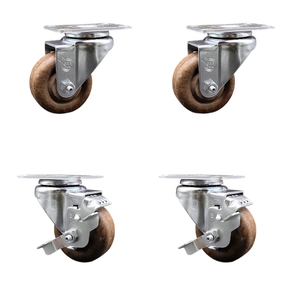 High Temperature Swivel Caster with 2 Brakes 3 in. High Temperature Glass Filled Nylon Wheel 4 x 4.5 in. Overall Top Plate - Set of 4