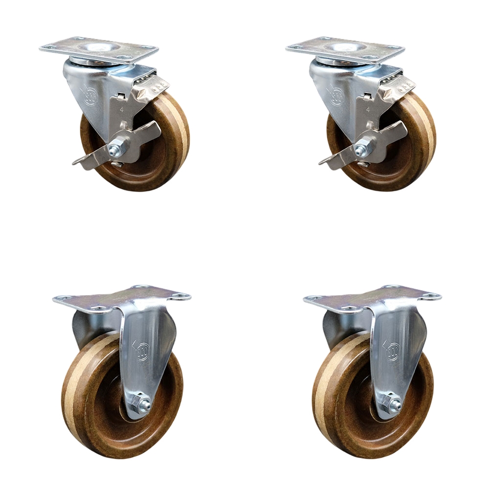 High Temperature Caster with 2 Brakes & 2 Rigid -4 in. High Temperature Phenolic Wheel 4 x 4.5 in. Overall Top Plate - Set of 4