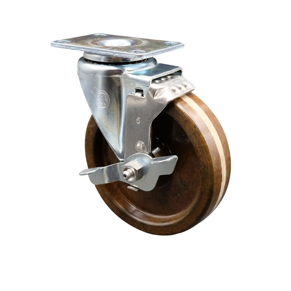 High Temperature Swivel Caster with Top Lock Brake 5 in. High Temperature Phenolic Wheel with Roller Bearing 4 x 4.5 in. Overall Top Plate