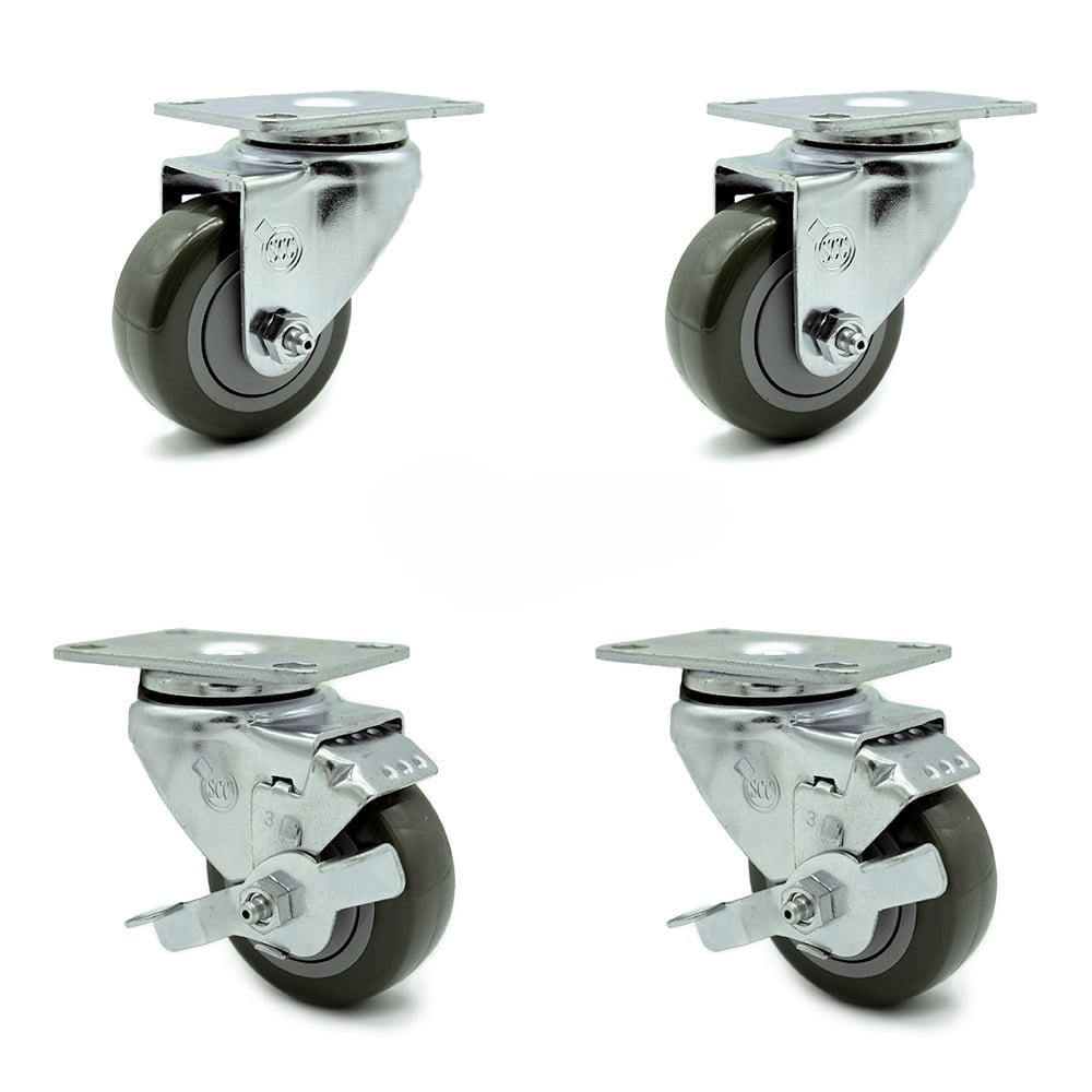 SCC-20S314-PPUB-TP2-2-TLB-2 Swivel Caster with 2 Brakes 3 in. Gray Polyurethane Wheel 3.13 x 4.13 in. Overall Top Plate - Set of 4