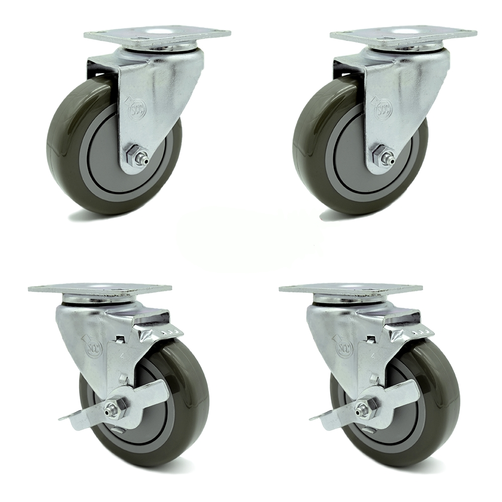SCC-20S414-PPUB-TP3-2-TLB-2 Swivel Caster with 2 Brakes 4 in. Gray Polyurethane Wheel 4 x 4.5 in. Overall Top Plate - Set of 4