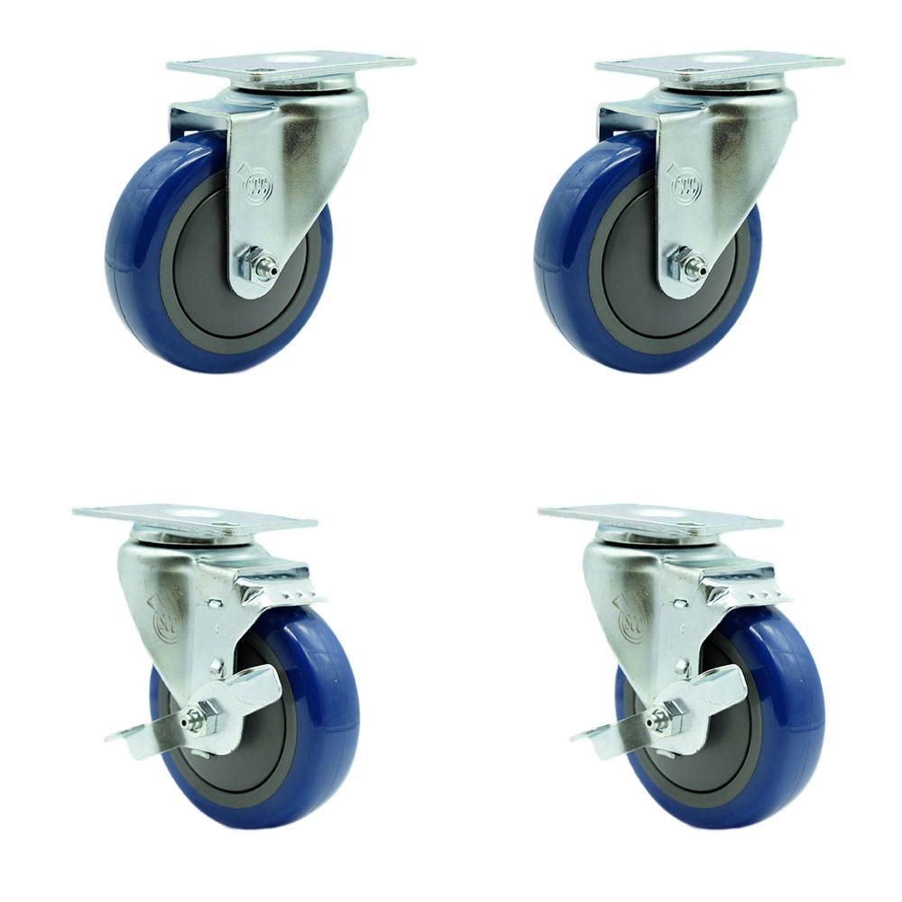 SCC-20S414-PPUB-BLUE-TP3-2-TLB-2 Swivel Caster with 2 Brakes 4 in. Blue Polyurethane Wheel 4 x 4.5 in. Overall Top Plate - Set of 4