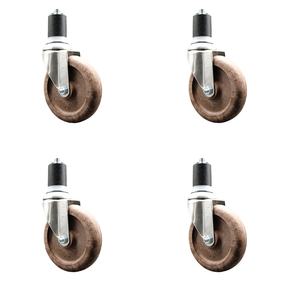 High Temperature Glass Filled Nylon Swivel Stem Caster with 5 in. Brown Caster Wheels - 316 Stainless Steel Casters - Set of 4