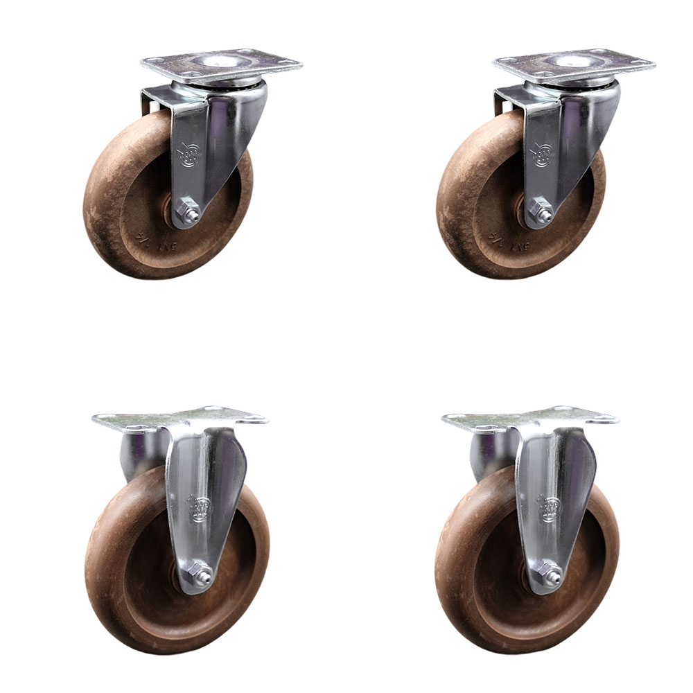 High Temperature Swivel Caster with 2 Rigid 5 in. High Temperature Glass Filled Nylon Wheel 3.13 x 4.13 in. Overall Top Plate - Set of 4