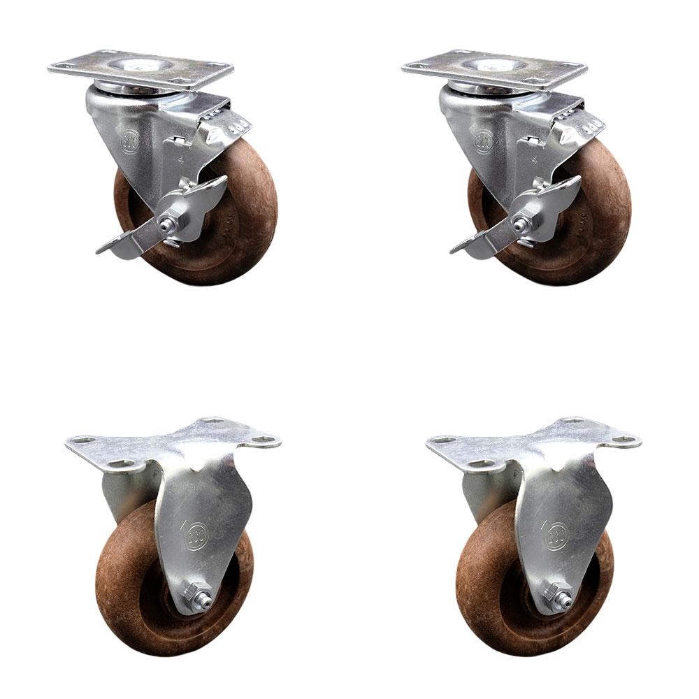 High Temperature Caster with 2 Brakes & 2 Rigid -4 in. High Temperature Glass Filled Nylon Wheel 4 x 4.5 in. Overall Top Plate - Set of 4