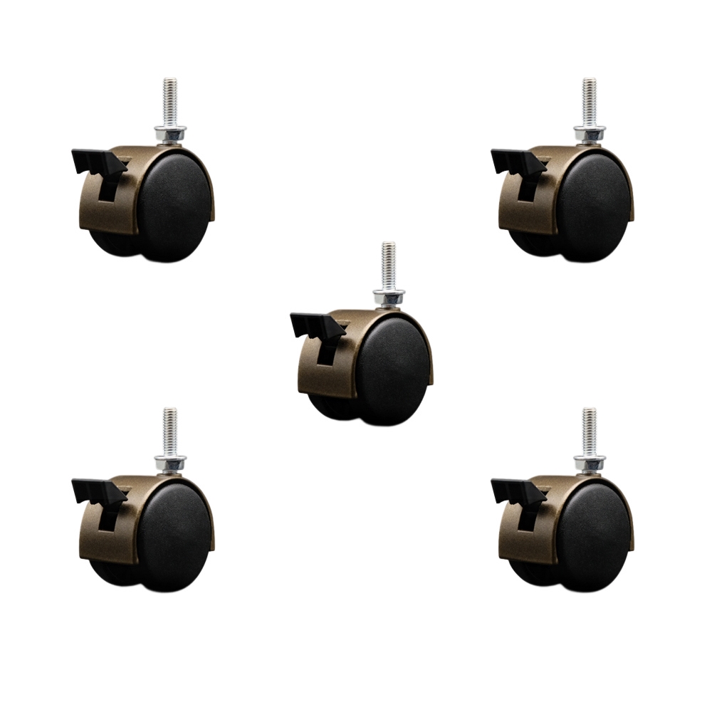 2 in. Office Chair Wheels Windsor Antique Metal Hooded Twin Wheel 0.31 in. 18 TPI by 1 in. Threaded Stems & Brakes - Set of 5