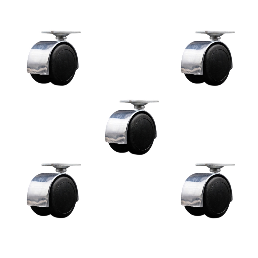 SCC-TP02S50D-NYU-BC-TP2-5 2 in. Floor Safe Office Chair Wheels Bright Chrome Metal Hooded Twin Wheel 1.188 in. by 2 in. Overall Top Plate - Set of 5