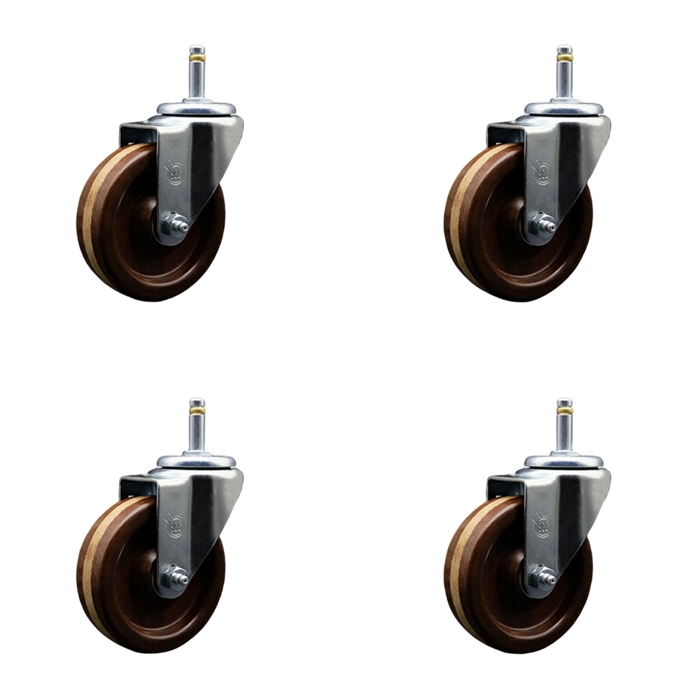 High Temperature Phenolic Swivel Grip Ring Stem Caster with Roller Bearing with 4 x 1.25 in. Brown Wheels & 0.43 in. Stems - Set of 4