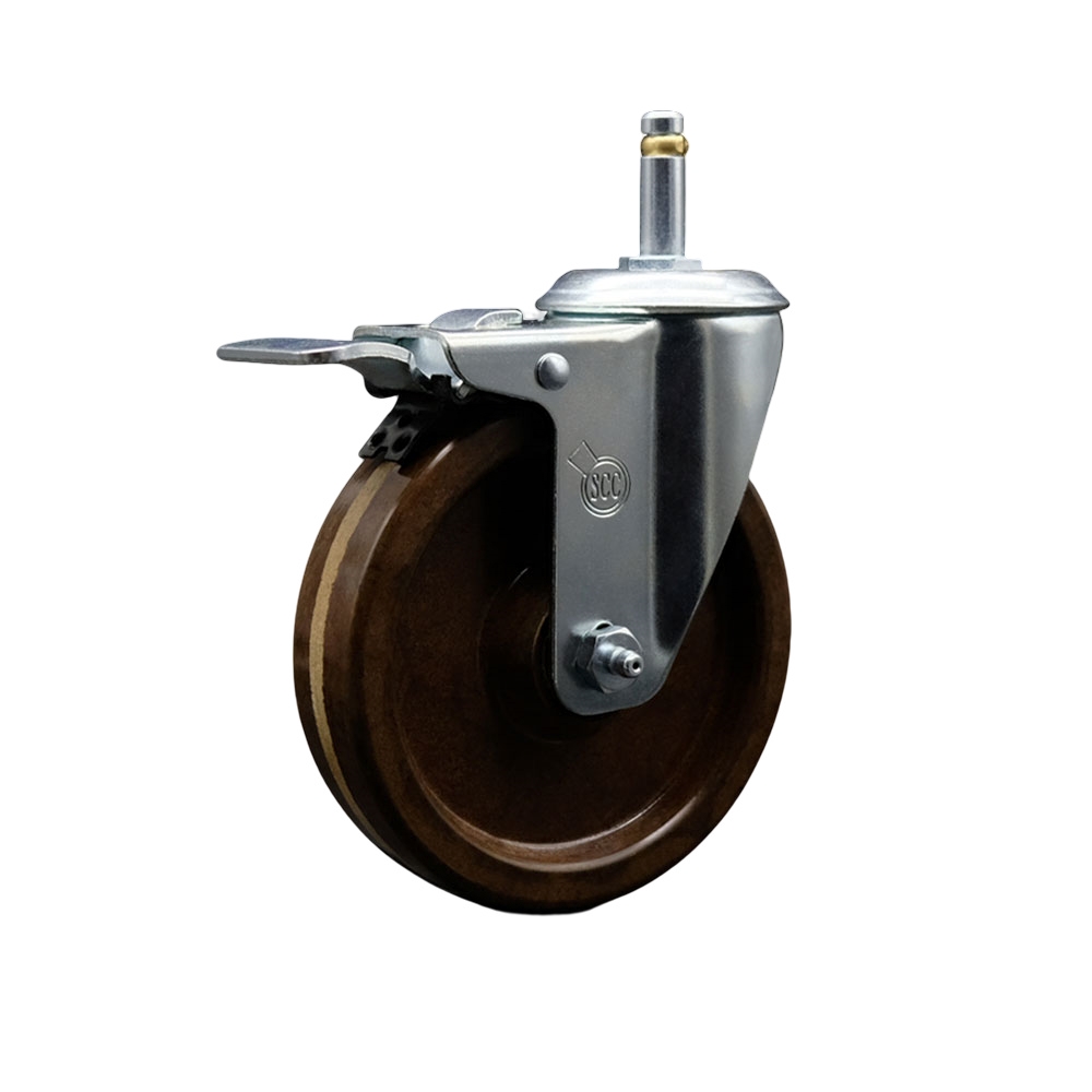 High Temperature Phenolic Swivel Grip Ring Stem Caster with Roller Bearing 5 x 1.25 in. Brown Wheel & 0.43 in. Stem & Total Locking Brake