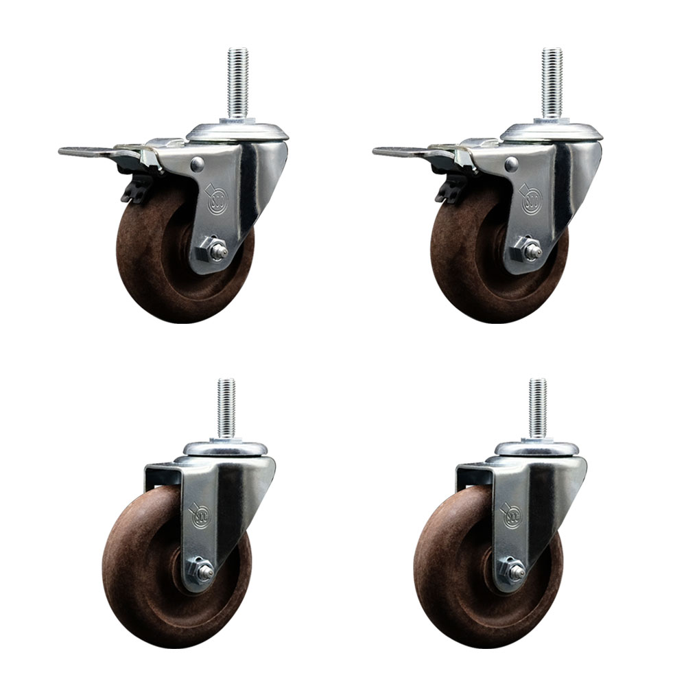 High Temperature Glass Filled Nylon Swivel Threaded Stem Caster with 4 x 1.25 in. Brown Wheels & 0.75 in. Stems - Set of 4