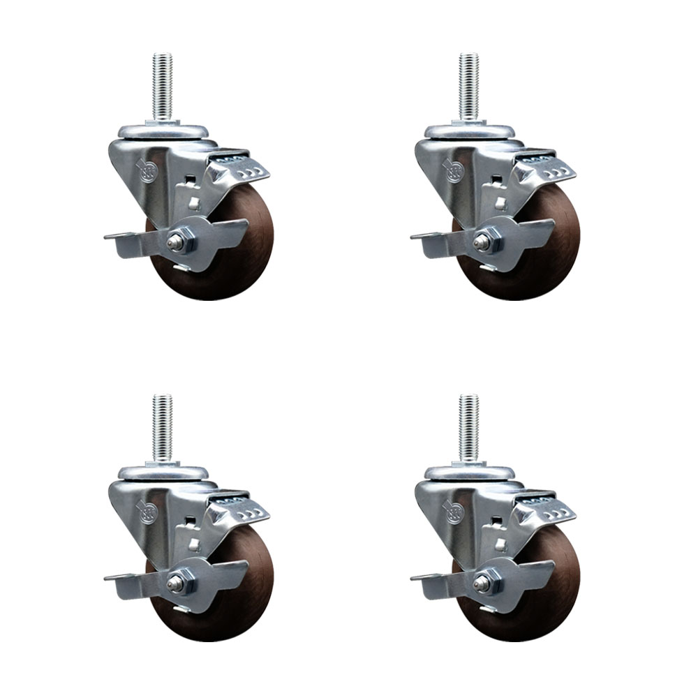 High Temperature Glass Filled Nylon Swivel Threaded Stem Caster with 3 x 1.25 in. Brown Wheels & 0.63 in. Stems - Set of 4