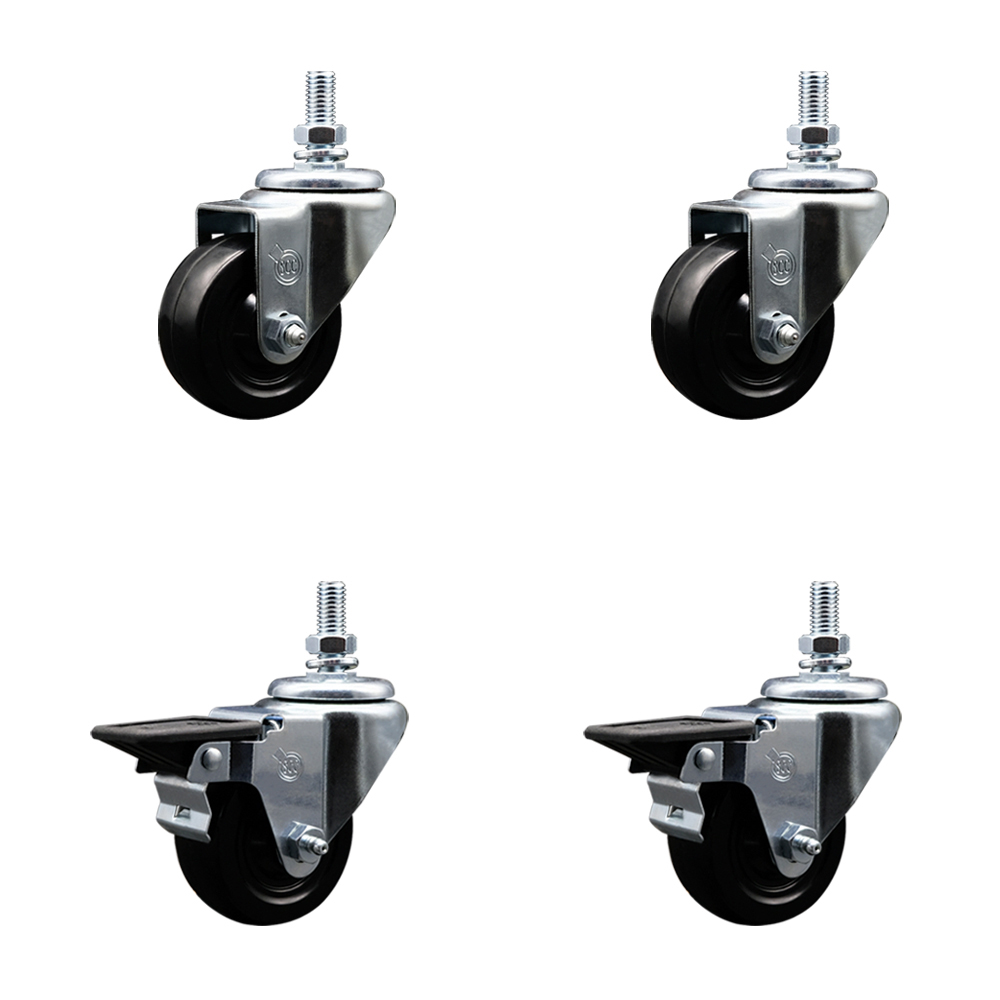 SCC-TS20S314-HRS-121315-2-PLB-2 Hard Rubber Swivel Threaded Stem Caster with 3 x 1.25 in. Black Wheels & 0.5 in. Stems - Set of 4