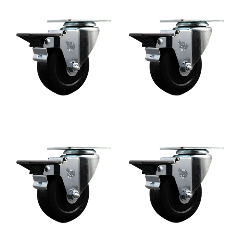 SCC-20S3514-HRS-PLB-4 Hard Rubber Swivel Top Plate Caster with 3.5 in. Black Wheels - Set of 4