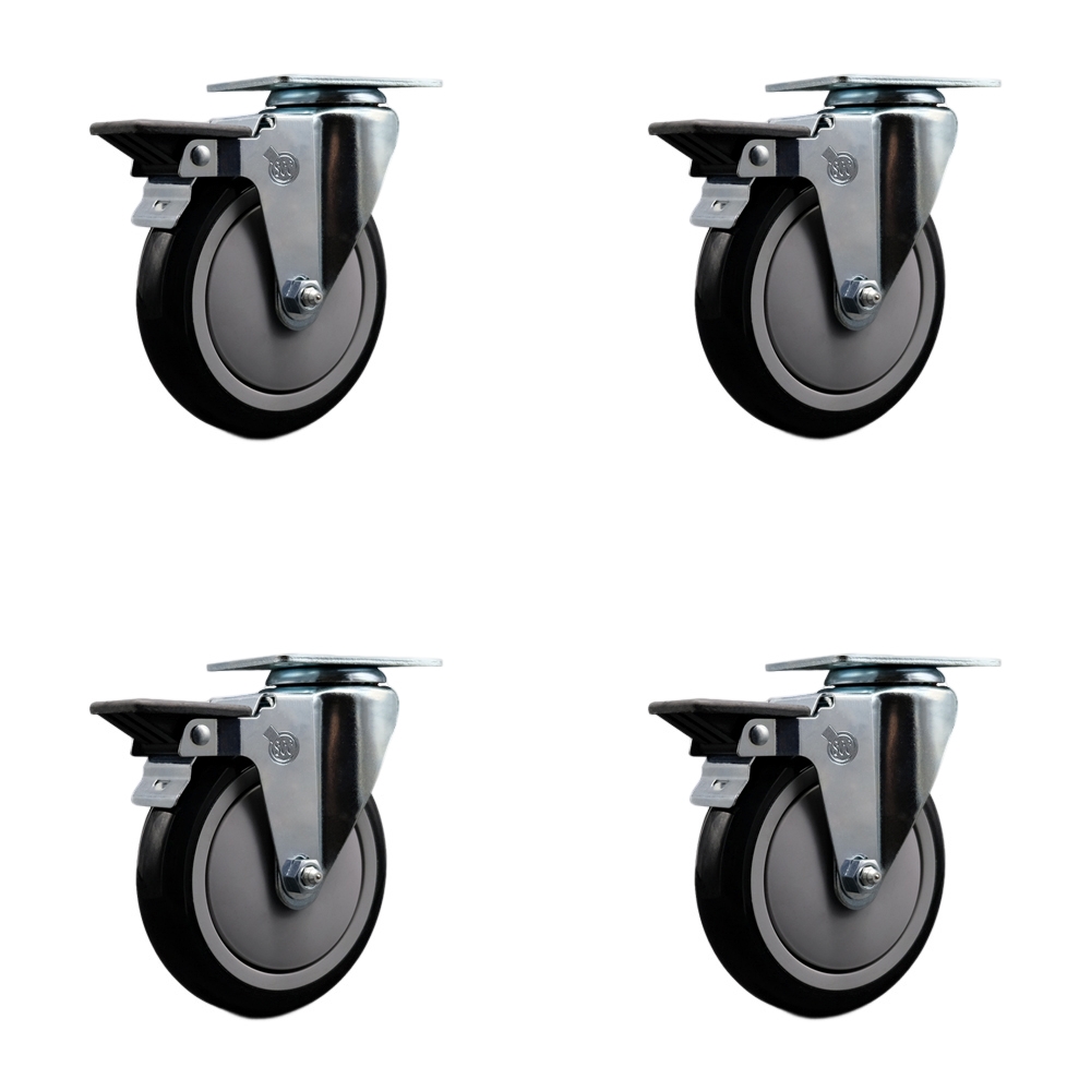 SCC-20S514-PPUB-BLK-PLB-4 Polyurethane Swivel Top Plate Caster with 5 in. Black Wheels - Set of 4