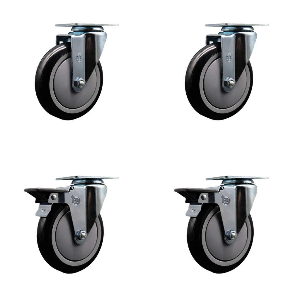 SCC-20S514-PPUB-BLK-2-PLB-2 Polyurethane Swivel Top Plate Caster with 5 in. Black Wheels - Set of 4