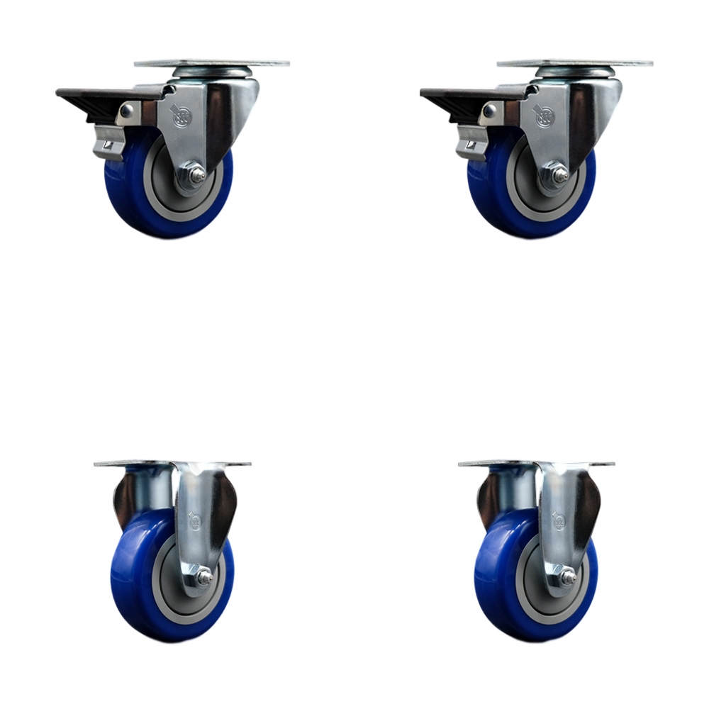 SCC-20S3514-PPUB-BLUE-PLB-2-R-2 Polyurethane Swivel Top Plate Caster with 3.5 in. Blue Wheels - Set of 4