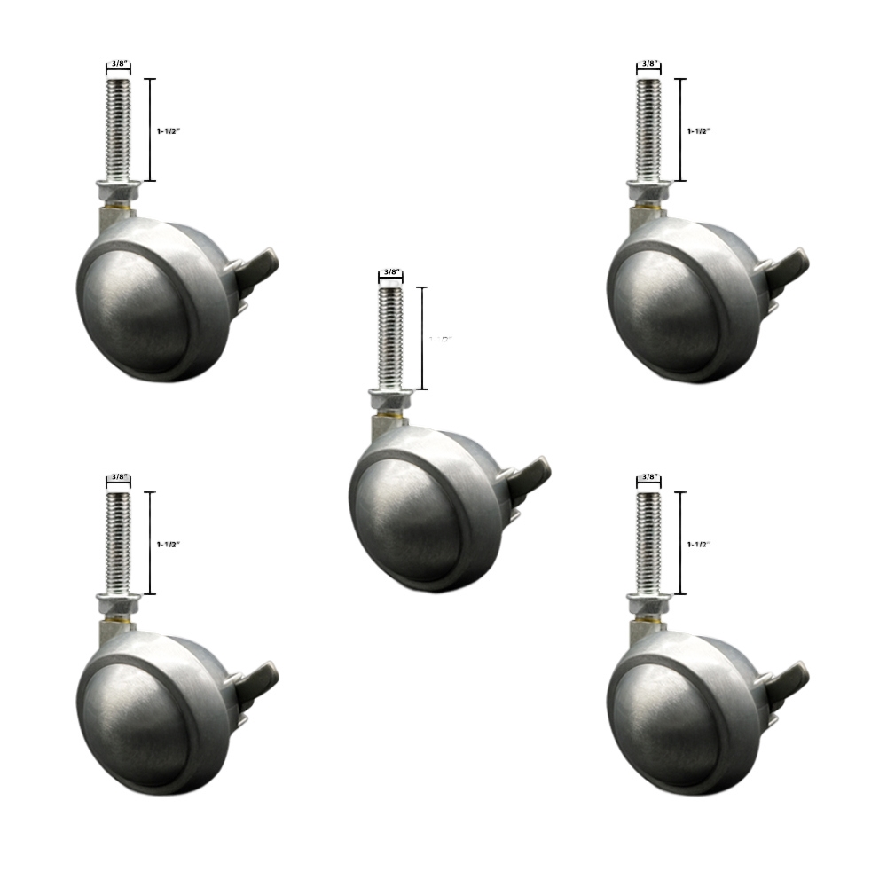2.5 in. Swivel Metal Ball Caster Wheel for Furniture Bright Chrome Finish with 0.375 in. 16 TPI x 1.5 in. Threaded Stem & Brake - Set of 5
