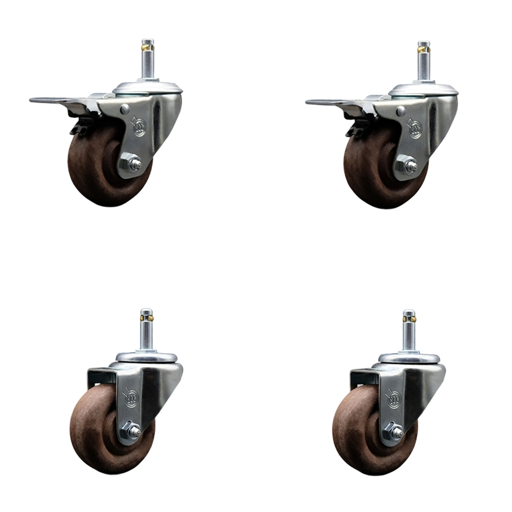 High Temperature Glass Filled Nylon Swivel Grip Ring Stem Caster with 3 x 1.25 in. Brown Wheels & 0.43 in. Stems - Set of 4