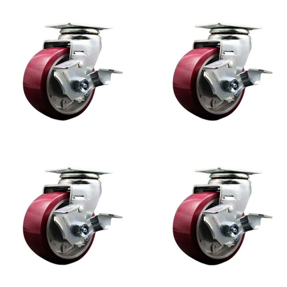 SCC-20S420-PAR-TLB-4 Swivel Top Plate Caster Set Maroon 4 in. by 2 in. Polyurethane on Aluminum Wheel Roller Bearing